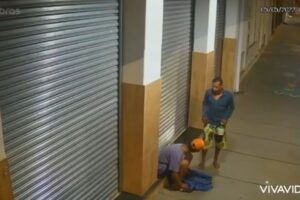 Vídeo mostra os autores sentando na porta da loja e na sequência arrombando a porta para terem acesso ao estabelecimento. (Foto: Captura)