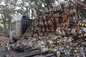 Caminhão baú estava carregado com 12 paletes contendo garrafas da bebida (Foto: DIvulgação/Bombeiros)