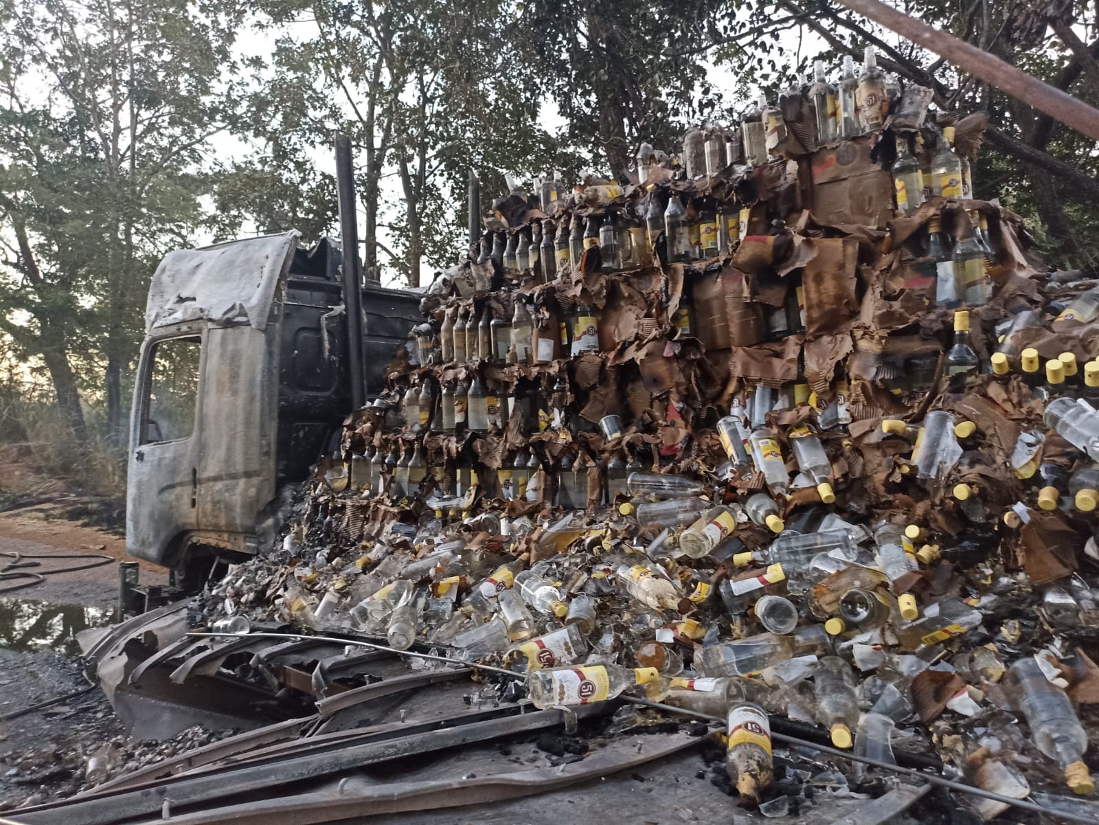 Caminhão baú estava carregado com 12 paletes contendo garrafas da bebida (Foto: DIvulgação/Bombeiros)
