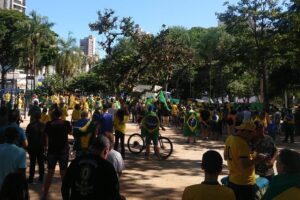 Protesto foi organizado na Praça Tamandaré. Manifestantes fazem ato a favor de Bolsonaro e contra o STF em Goiânia